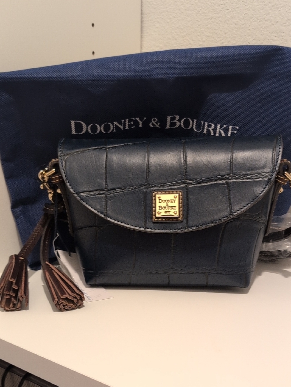 Dooney & Bourke Navy Croc-Embossed Leather Mini Crossbody with Tassels